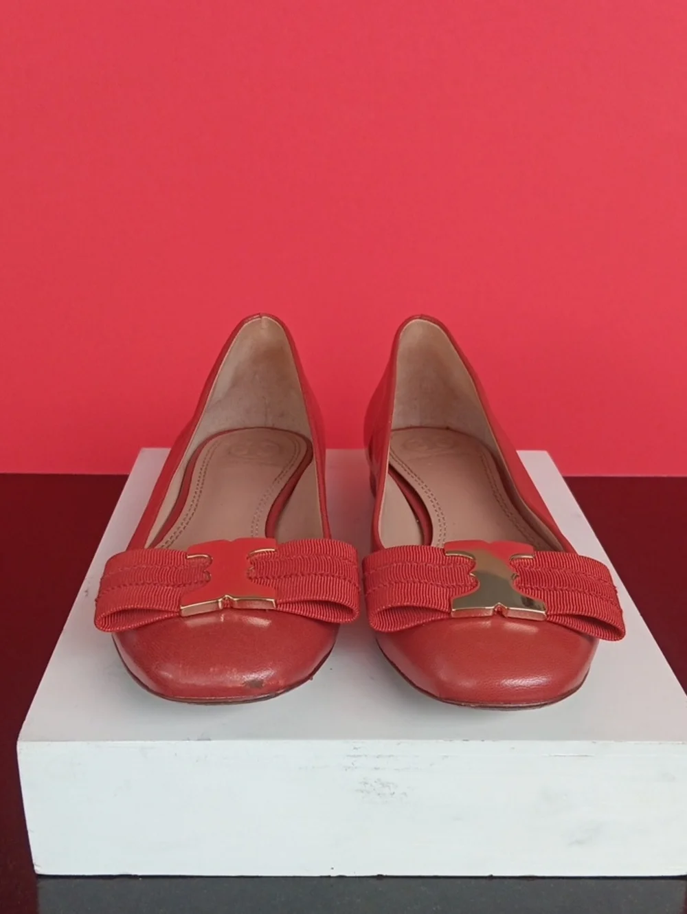 Tory Burch Coral Leather Bow-Front Ballet Flats Size5.5 leather Upper & Sole